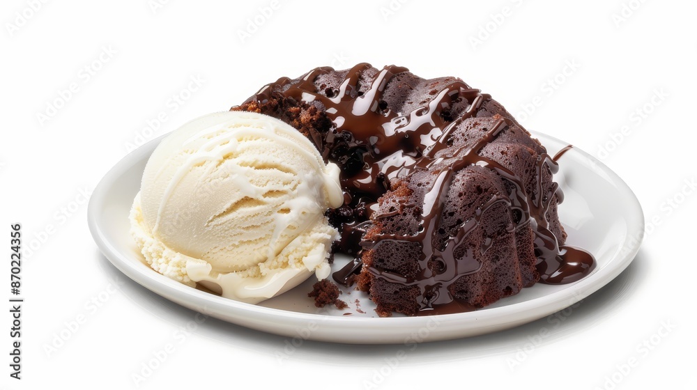 Rich chocolate lava cake oozing molten goodness, accompanied by vanilla ice cream, isolated background, studio lighting, sharp and high quality, for advertising Rich chocolate lava cake oozing molten goodness, accompanied by vanilla ice cream, isolated background, studio lighting, sharp and high quality, for advertising