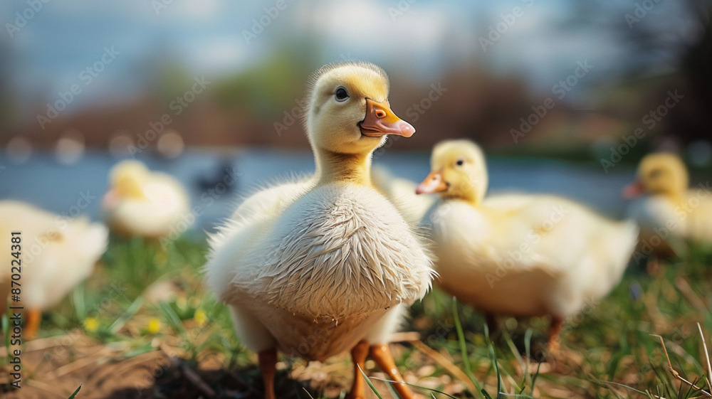 Cute duckling waddling in meadow, AI Generative. Cute duckling waddling in meadow, AI Generative.