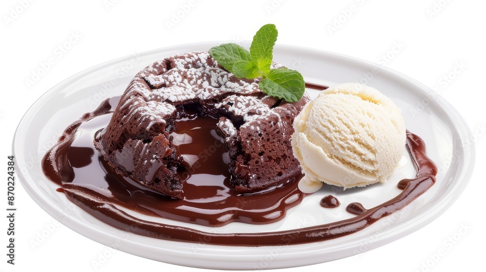 Rich chocolate lava cake oozing molten goodness, accompanied by vanilla ice cream, isolated background, studio lighting, sharp and high quality, for advertising Rich chocolate lava cake oozing molten goodness, accompanied by vanilla ice cream, isolated background, studio lighting, sharp and high quality, for advertising