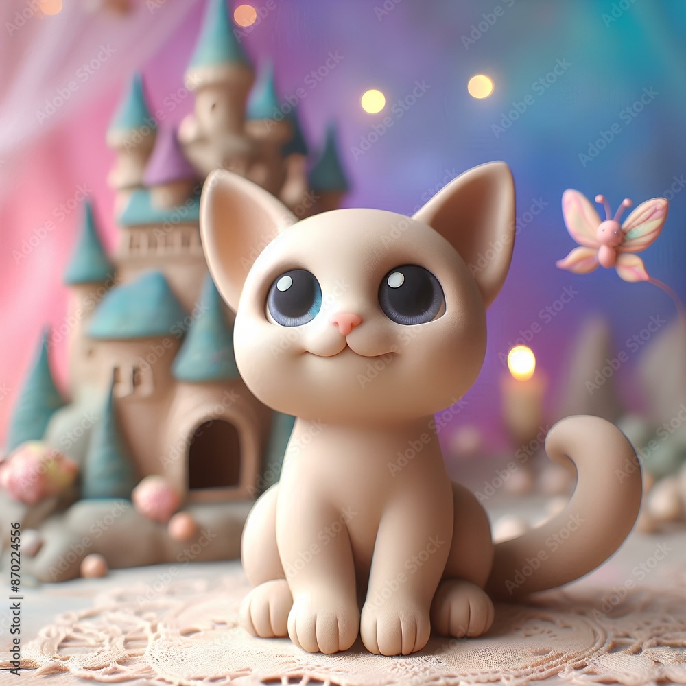Fototapeta premium Immerse yourself in a world where dreams and whimsy intertwine! Meet our delightful craymation cat, a charming creation brought to life with vivid colors and heartwarming details. Set against a fantas