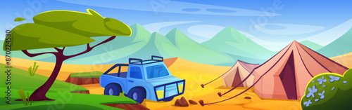 Desert camp with auto and tent. Vector cartoon illustration of summer landscape with sandy dunes, green grass on hills, trees and flowers, blue sky, car parked near camping house, travel campsite