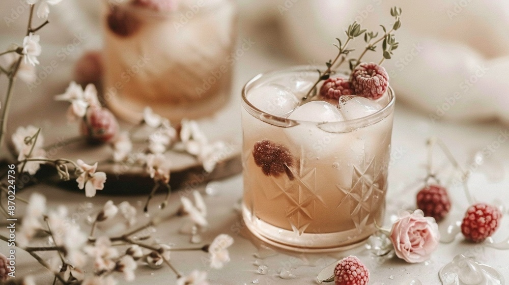 Close-up of drink in glass with ice and raspberries on nearby table next to flowers Close-up of drink in glass with ice and raspberries on nearby table next to flowers