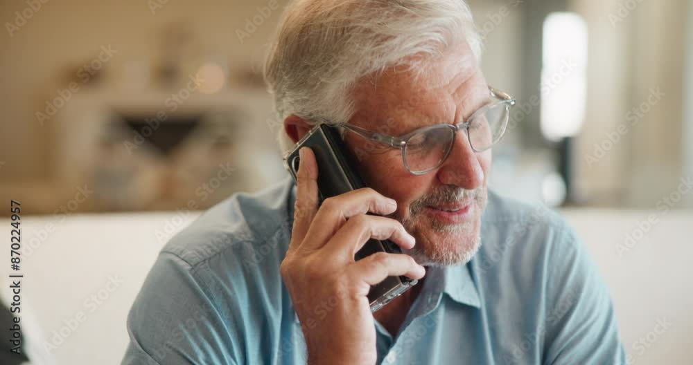Phone call, talking and senior man on sofa for contact, online chatting and speaking in home. Happy, retirement and person on smartphone for communication, networking and connection in living room