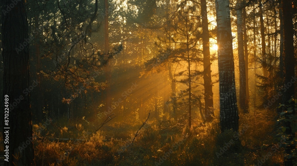Obraz premium The golden light of the setting sun filtering through the trees in a forest creates a magical and enchanting atmosphere.