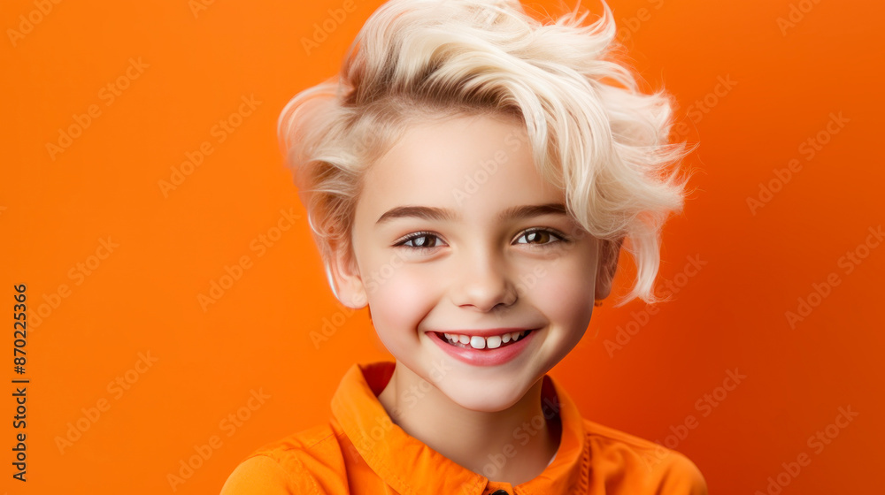 Portrait of a chic cute beautiful blonde child girl with short haircut and perfect skin, orange background, banner. Portrait of a chic cute beautiful blonde child girl with short haircut and perfect skin, orange background, banner.
