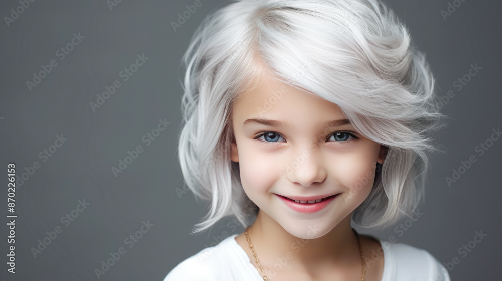 Portrait of a chic cute beautiful blonde child girl with short haircut and perfect skin, gray background, banner. Portrait of a chic cute beautiful blonde child girl with short haircut and perfect skin, gray background, banner.