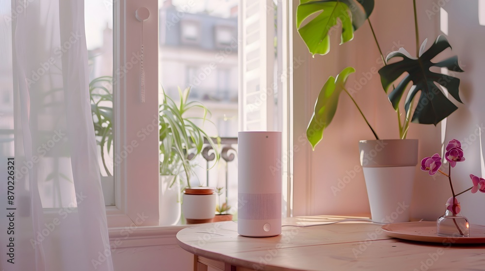Minimalist home decor with smart home devices. Minimalist home decor with smart home devices.