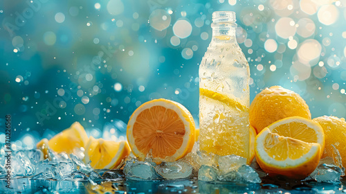 Close-up of lemon slices in a bottle with sparkling water and ice cubes. Mineral water. Summer drink.