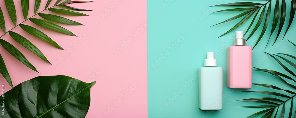 Cosmetic bottles on colorful backdrop, tropical leaves, blank space, fresh and lively Cosmetic bottles on colorful backdrop, tropical leaves, blank space, fresh and lively