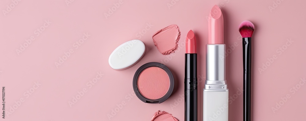 Cosmetics on pastel background, lipstick and blush, left blank space, elegant and soft Cosmetics on pastel background, lipstick and blush, left blank space, elegant and soft
