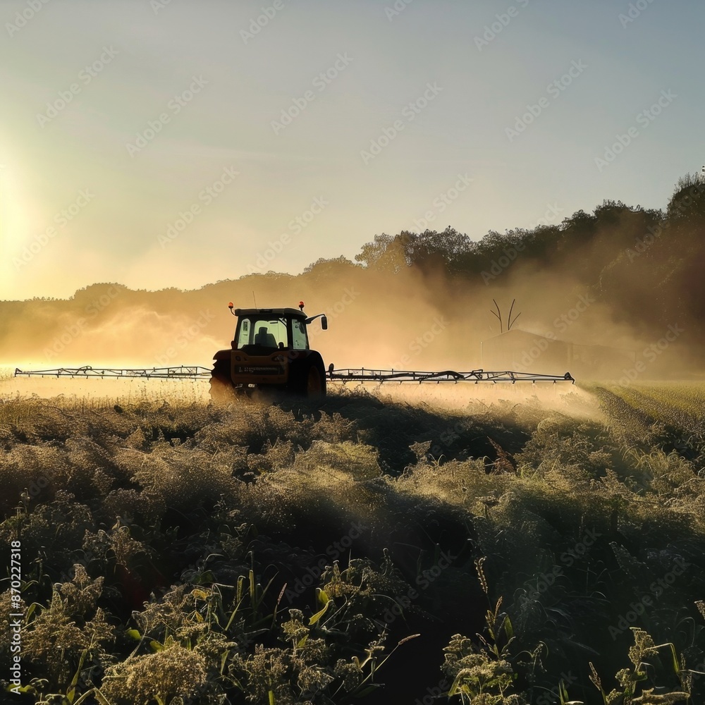Fototapeta premium AI-Generated High-Resolution Wallpaper Depicting Autumn Harvest Season with Water Sprinklers in Action