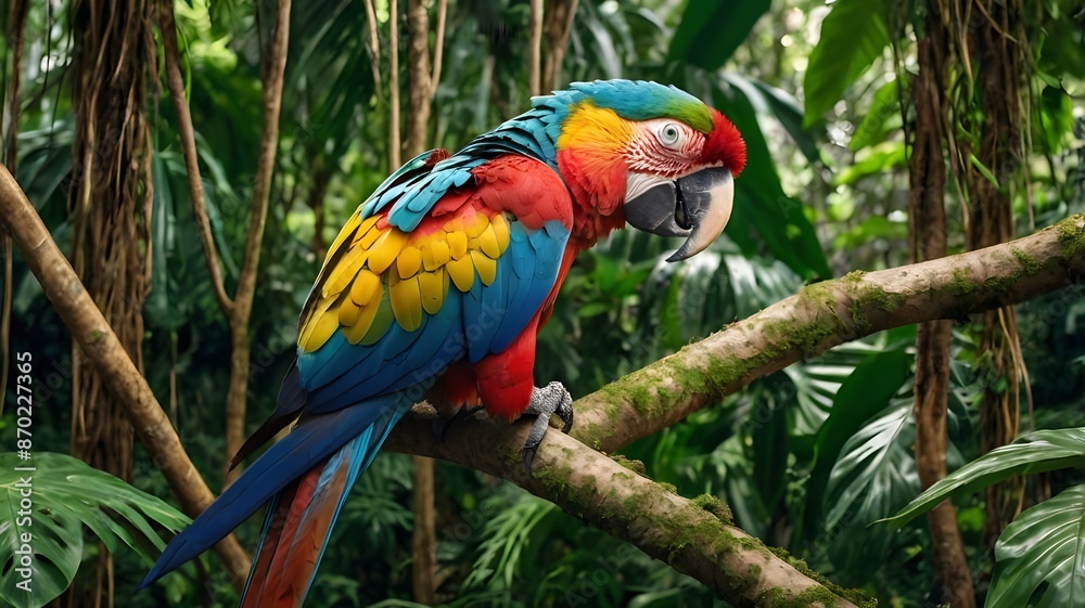 Obraz premium In the lush depths of the tropical jungle, a majestic macaw perches proudly amidst a canopy of vibrant foliage.