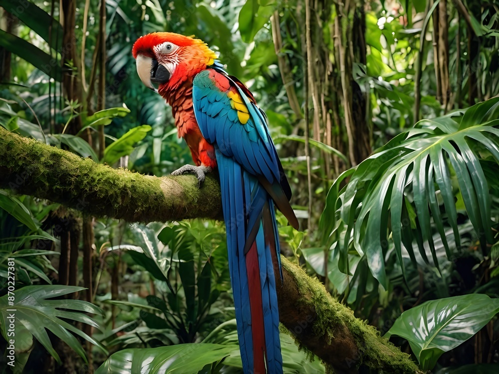 Obraz premium In the lush depths of the tropical jungle, a majestic macaw perches proudly amidst a canopy of vibrant foliage.