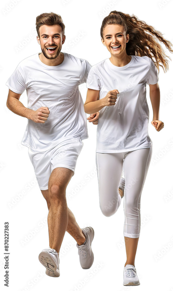 Couple Wearing White T-Shirt Couple While Running Isolated Couple Wearing White T-Shirt Couple While Running Isolated