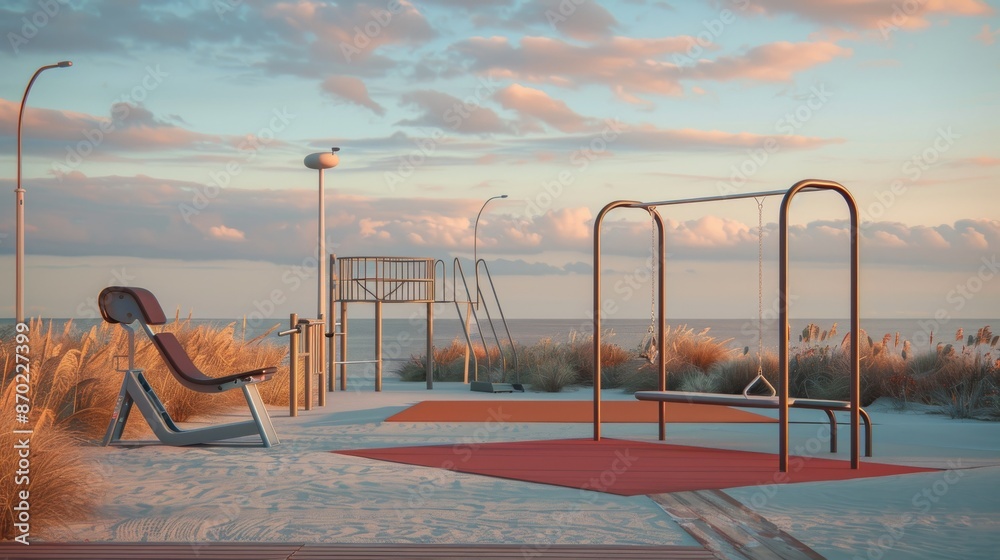 Fototapeta premium Outdoor gym featuring air walker, oval stepper, twister, and surfer, now vacant. 