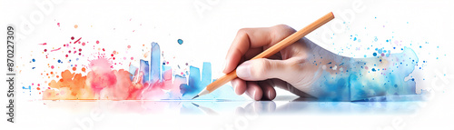 Hand holding a pencil drawing on a colorful background.