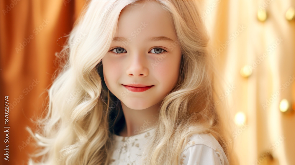 Portrait of a chic cute beautiful blonde child girl with long white ...