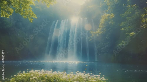 rainforest mistywaterfall and river nature landscape wallpaper, seamless looping  time-lapse HD video background photo