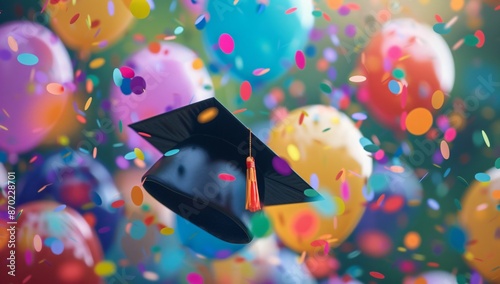 cap balloons Graduate poster 2024 confetti. confetti Graduation balloon hat party background celebrate college university student celebration gold mortarbo photo