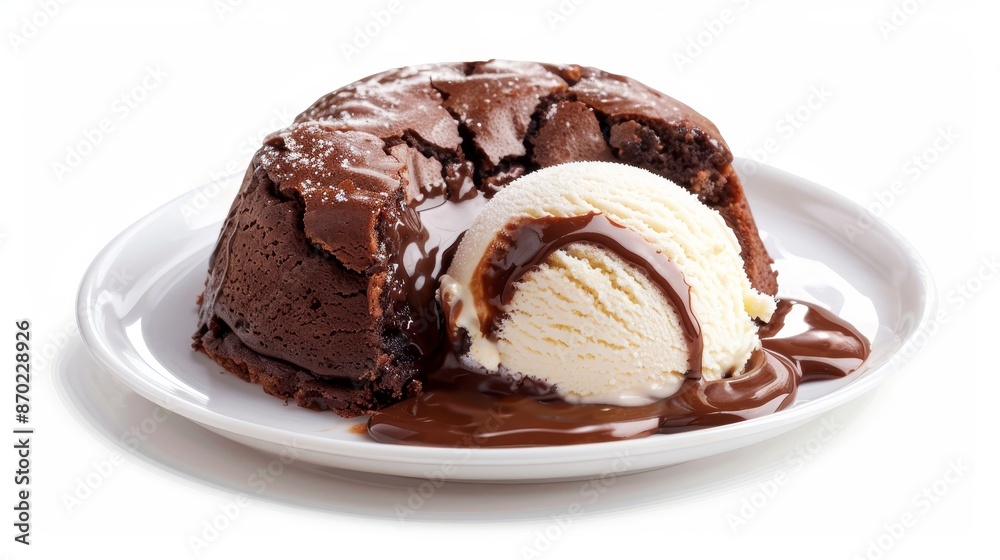 Close-up of chocolate lava cake with rich molten ganache oozing from the center, paired with a scoop of vanilla ice cream, isolated background, studio lighting Close-up of chocolate lava cake with rich molten ganache oozing from the center, paired with a scoop of vanilla ice cream, isolated background, studio lighting