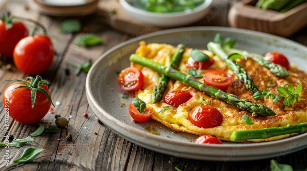 Omelet With Tomatoes And Asparagus Beans, A Nutritious Breakfast Omelet With Tomatoes And Asparagus Beans, A Nutritious Breakfast