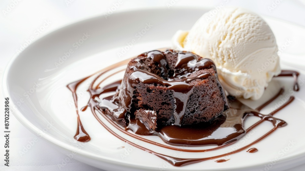 Close-up of molten chocolate lava cake with ganache oozing out, paired with vanilla ice cream, isolated background, studio lighting, rich and decadent Close-up of molten chocolate lava cake with ganache oozing out, paired with vanilla ice cream, isolated background, studio lighting, rich and decadent