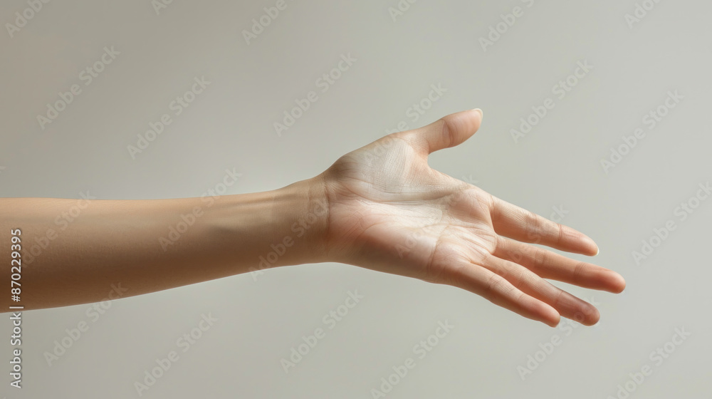 A hand is shown with a white background. The hand is open and extended, with the fingers spread out. Concept of openness and friendliness A hand is shown with a white background. The hand is open and extended, with the fingers spread out. Concept of openness and friendliness