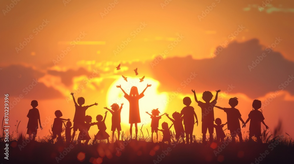 Silhouette of Stick Characters Celebrating and Cheering Silhouette of Stick Characters Celebrating and Cheering