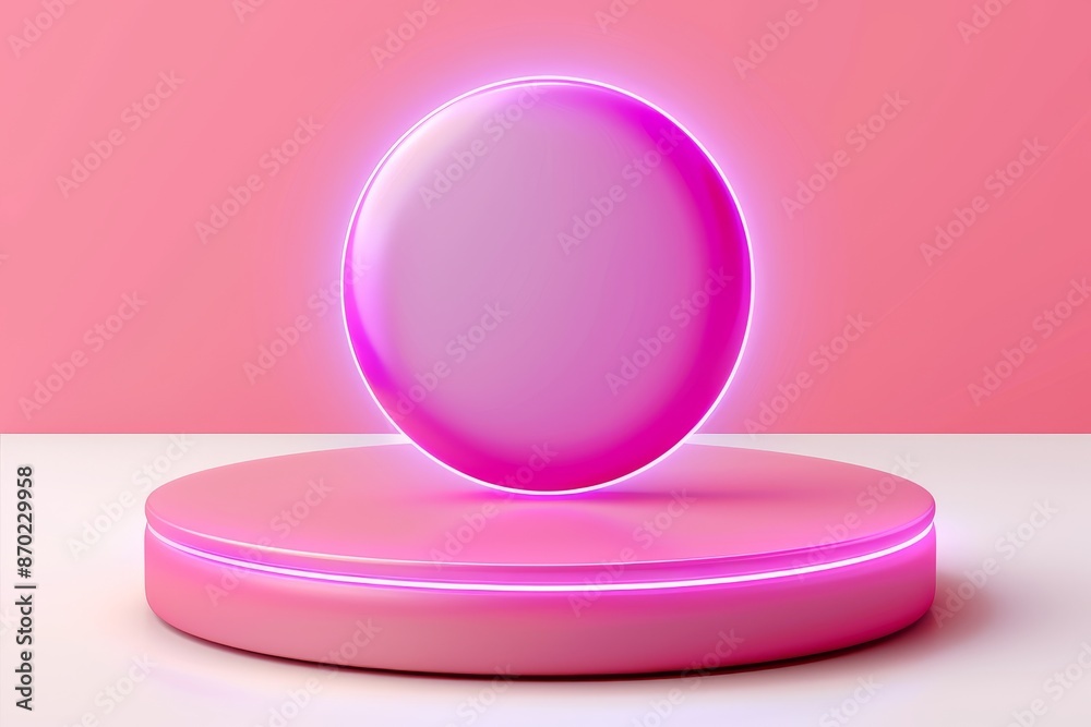 Pink circular pedestal with neon lighting creating a futuristic and stylish display Pink circular pedestal with neon lighting creating a futuristic and stylish display