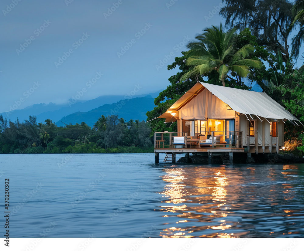 Naklejka premium Serene Island Retreat: A Petite Canvas Bungalow Under Twilight