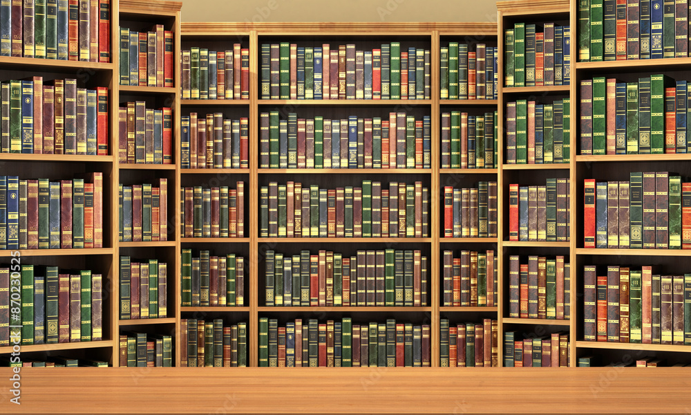 Table on background of bookshelf full of books . Old library. Table on background of bookshelf full of books . Old library.