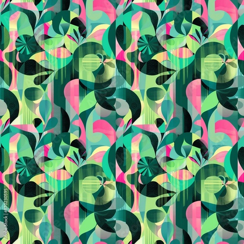 seamless pattern with bright, abstract shapes and flowers, summer tropical ornament, retro style, for fabric and printed products design