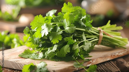Fresh cilantro bunch on a wooden cutting board in a vibrant kitchen.