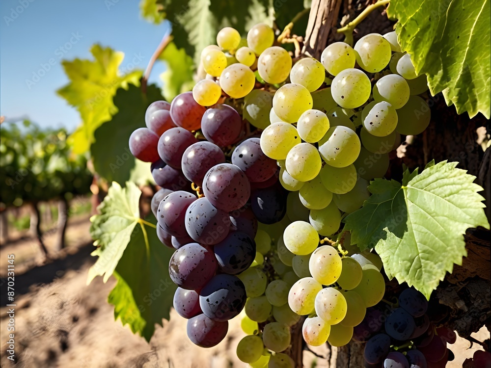 Fototapeta premium In a sun-drenched vineyard, vibrant clusters of ripe grapes hang from the vines, promising the rich flavors of summer's bounty captured in each plump fruit.