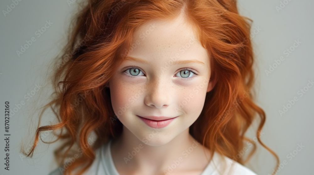 Portrait of a gorgeous cute smiling beautiful baby girl with red hair and perfect skin, gray background, banner. Portrait of a gorgeous cute smiling beautiful baby girl with red hair and perfect skin, gray background, banner.