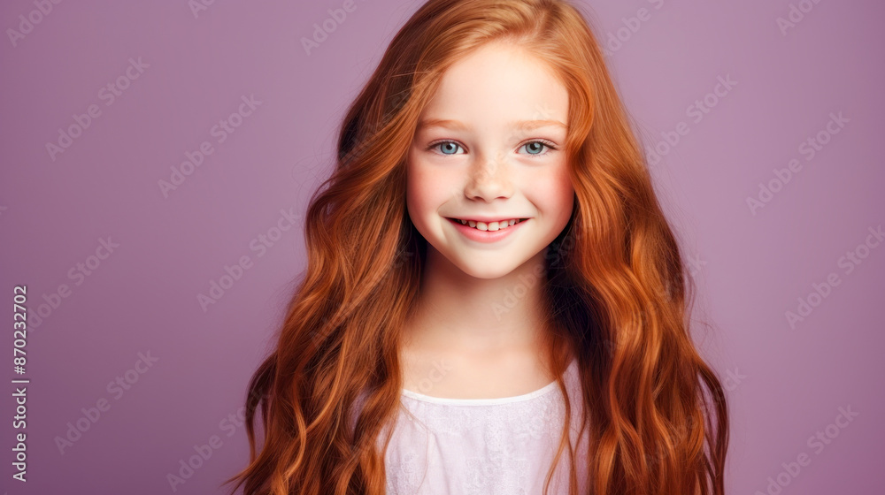 Portrait of a gorgeous cute smiling beautiful baby girl with red hair and perfect skin, purple background, banner. Portrait of a gorgeous cute smiling beautiful baby girl with red hair and perfect skin, purple background, banner.