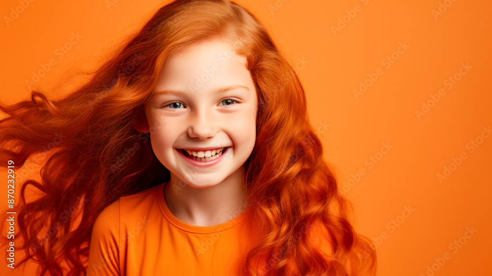 Portrait of a gorgeous cute smiling beautiful baby girl with red hair and perfect skin, orange background, banner. Portrait of a gorgeous cute smiling beautiful baby girl with red hair and perfect skin, orange background, banner.