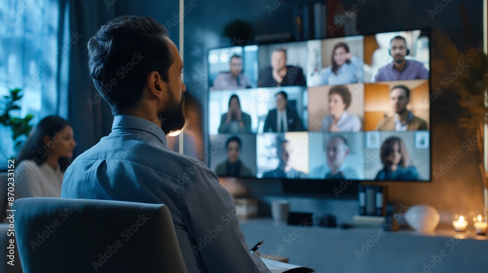 Business professionals from around the world engage in a virtual meeting using state of the art video conferencing technology in a modern home office, discussing reports and strategies Business professionals from around the world engage in a virtual meeting using state of the art video conferencing technology in a modern home office, discussing reports and strategies