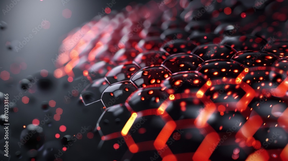 Futuristic digital art featuring red and orange glowing cells in a high-tech honeycomb structure, evoking advanced biological research Futuristic digital art featuring red and orange glowing cells in a high-tech honeycomb structure, evoking advanced biological research