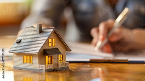 A small, detailed miniature house model sits on a table, illuminated by warm light, with a person signing a contract in the background