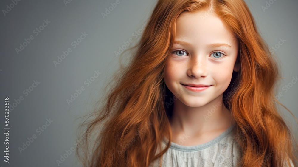 Portrait of a gorgeous cute smiling beautiful baby girl with red hair and perfect skin, silver background, banner. Portrait of a gorgeous cute smiling beautiful baby girl with red hair and perfect skin, silver background, banner.
