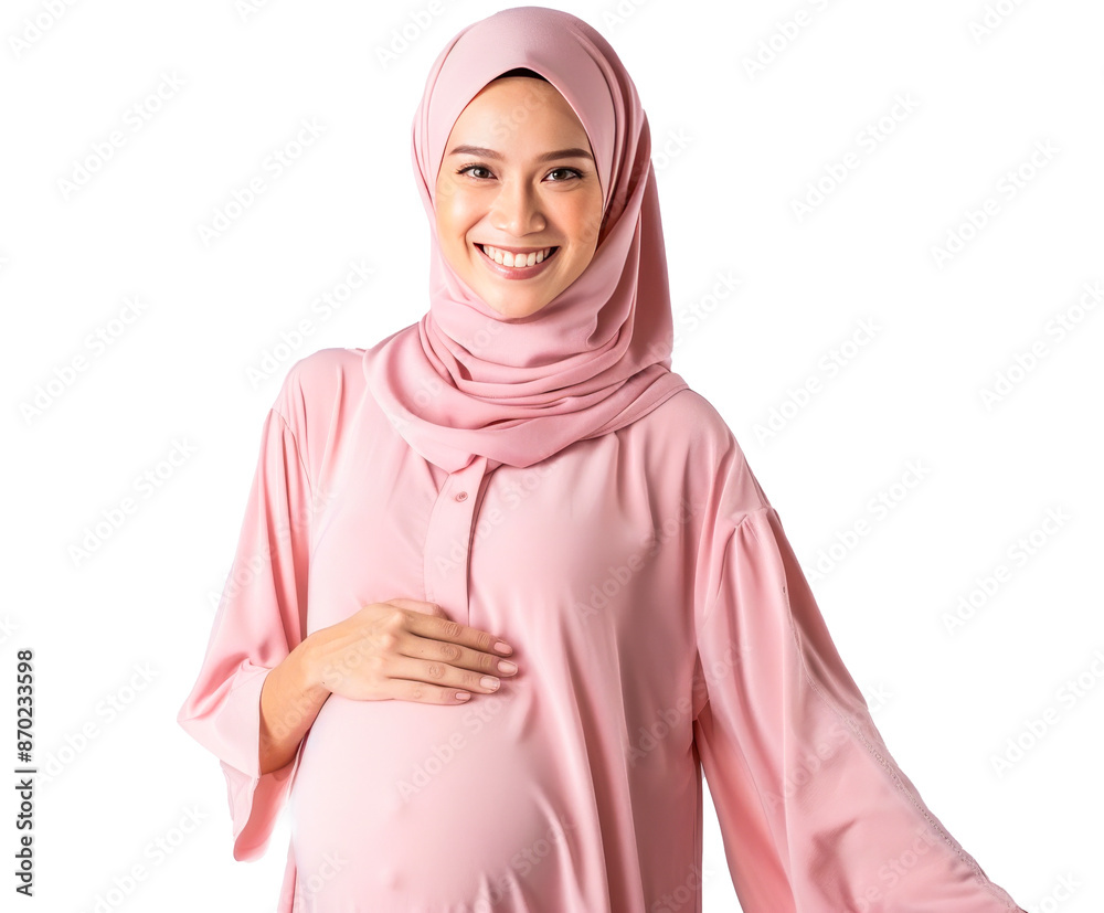 Smiling pregnant Muslim woman in pink hijab Smiling pregnant Muslim woman in pink hijab