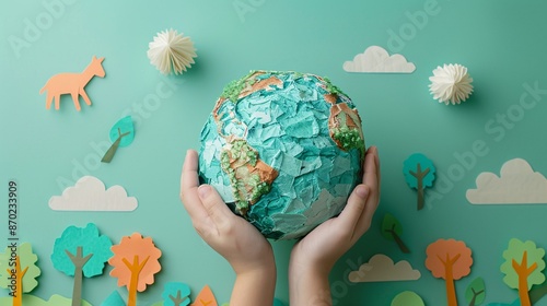 A pair of hands holding a paper mache globe with a background of paper-crafted trees and animals on a turquoise background. photo