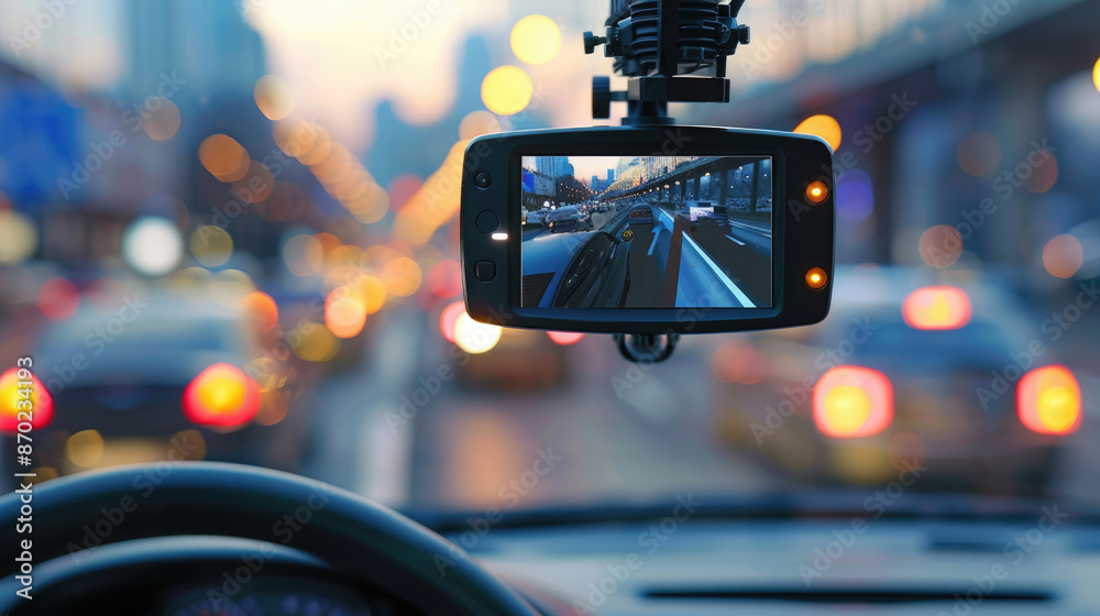 Modern Dashcam Mounted in Car Recording Drive Modern Dashcam Mounted in Car Recording Drive