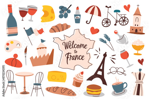 France symbols collection, welcome to france lettering, country map, Eiffel tower, croissant, cafe icons, vector illustrations of french flag and paris landmarks, travel in Europe simple cute doodles