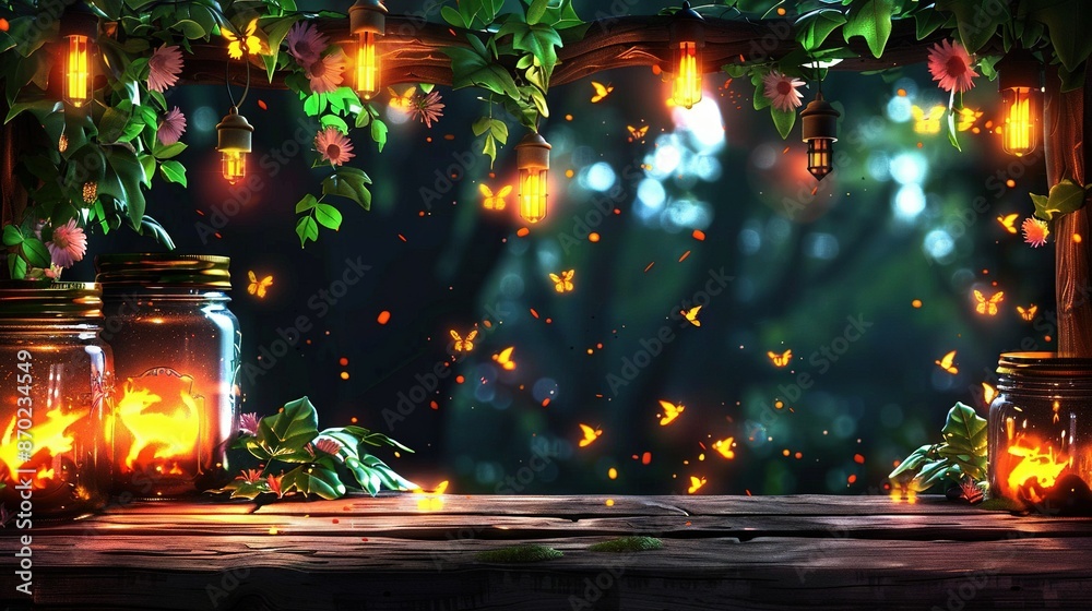 Fototapeta premium Wooden table, mason jars, fireflies, glowing butterflies, forest leaves, flowers