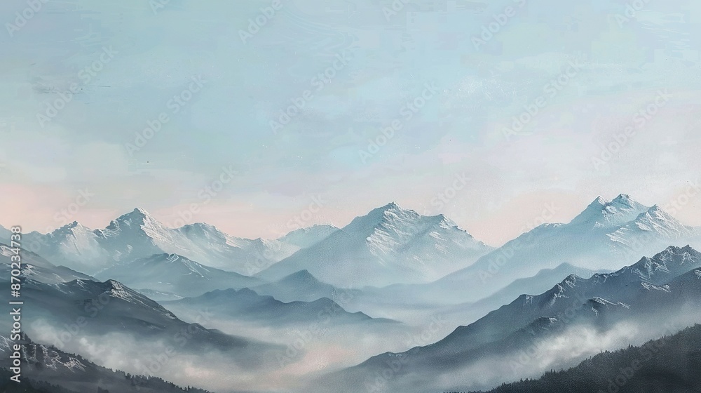 A foggy mountain range painting with cloud-filled sky in the backdrop A foggy mountain range painting with cloud-filled sky in the backdrop