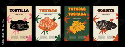 Mexican food set vector illustration. Engraved tortilla, tostada, Totopas tostada, Gordita bundle of traditional dishes, homemade and restaurant dinner dishes and sauces cooking in cuisine of Mexico	