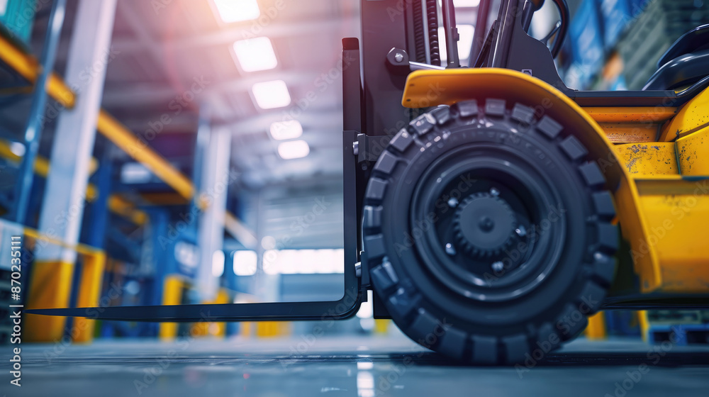 Fototapeta premium Forklift in Warehouse Setting, Prepared for Goods Movement and Distribution
