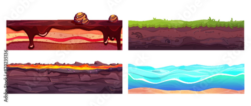 Cut soil platform for game ui design. Ground sections for level land creation with different surface - green grass and sea water wave, flowing lava and sweet chocolate dessert. Cartoon vector set.
